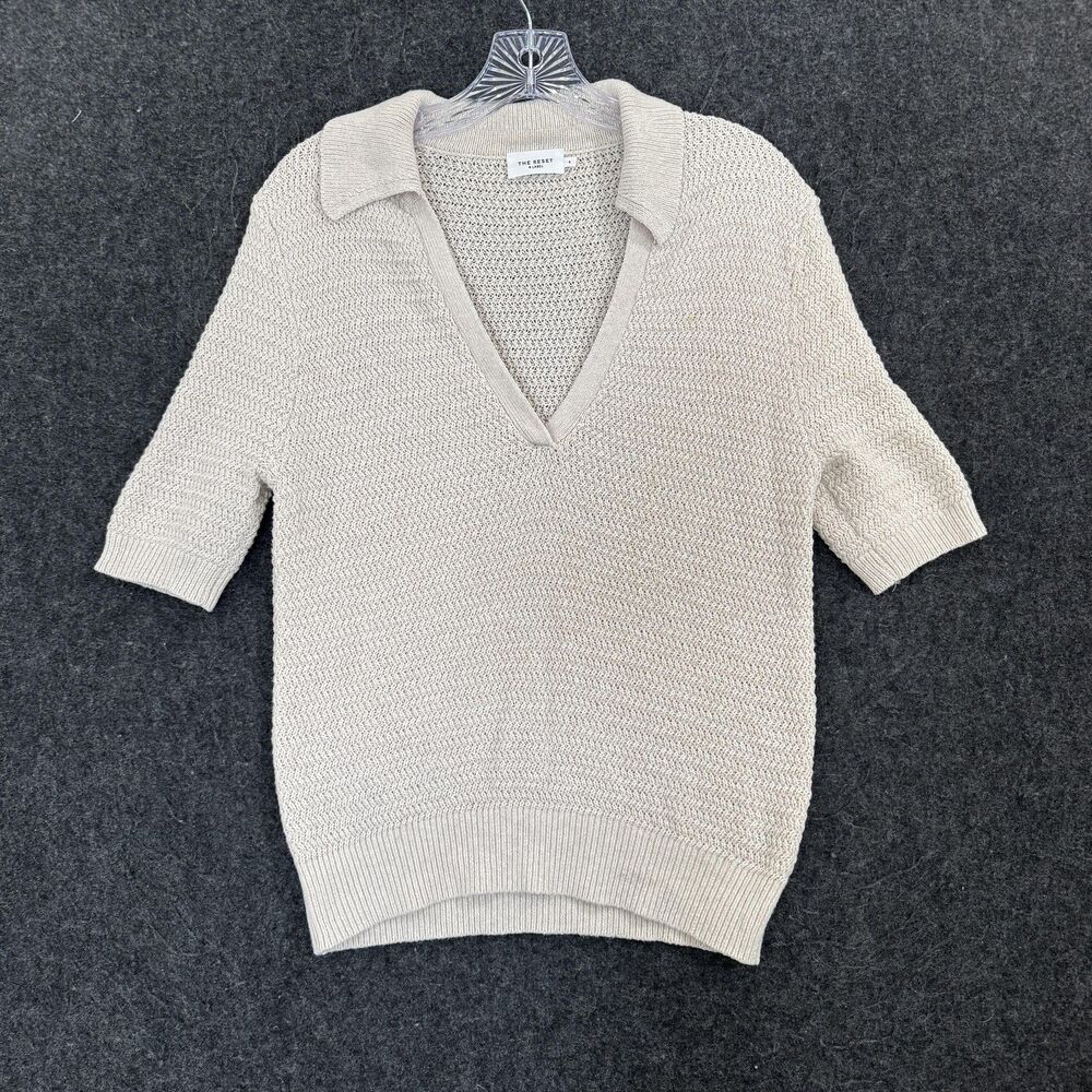The Reset Sweater Women's Small Beige Collared Open Knit Short Sleeve Pullover